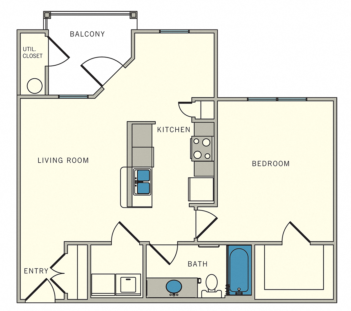 Floor plan for 1 bed, 1 bath, 734 sqft